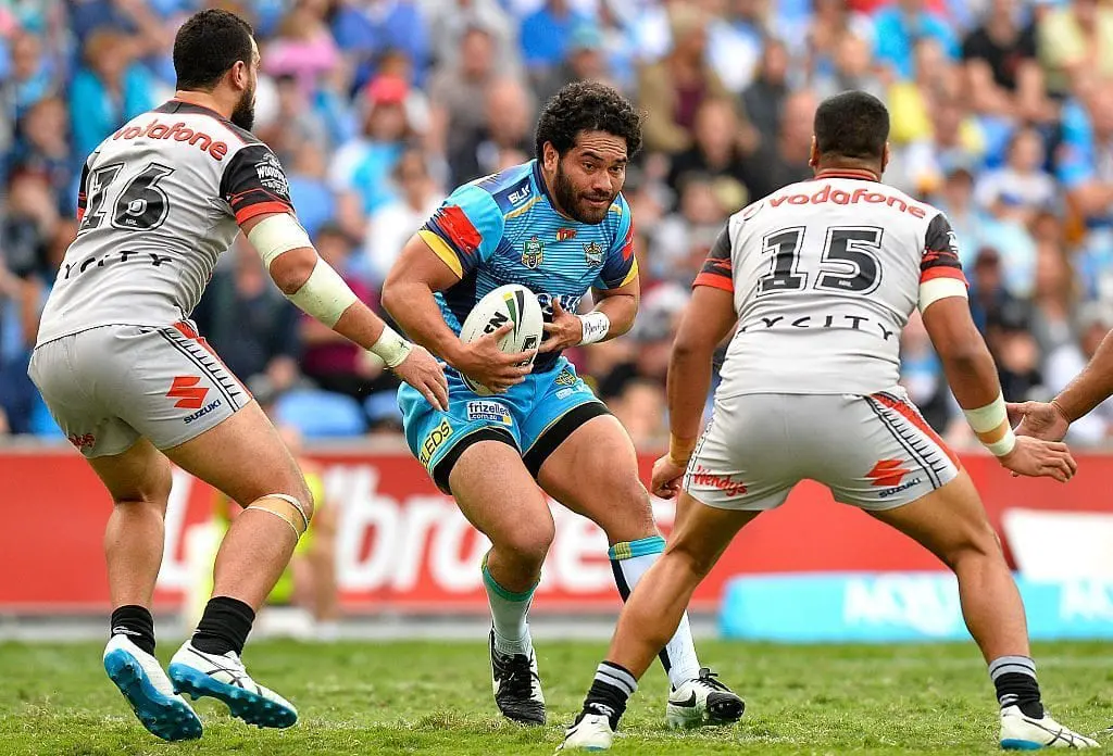 GOLD COAST, AUSTRALIA - AUGUST 07: Konrad Hurrell of the Titans in action during the round 22 NRL match between the Gold Coast Titans and the New Zealand Warriors at Cbus Super Stadium on August 7, 2016 in Gold Coast, Australia. (Photo by Bradley Kanaris/Getty Images)