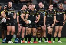 SYDNEY, AUSTRALIA - MARCH 14: Nathan Cleary of the Panthers and team mates look on after a Roosters try during the round two NRL match between Penrith Panthers and Sydney Roosters at CommBank Stadium, on March 14, 2025, in Sydney, Australia. (Photo by Cameron Spencer/Getty Images)