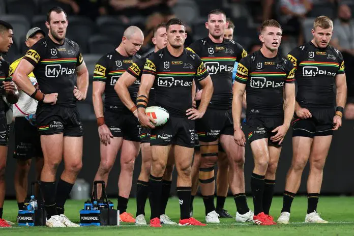 SYDNEY, AUSTRALIA - MARCH 14: Nathan Cleary of the Panthers and team mates look on after a Roosters try during the round two NRL match between Penrith Panthers and Sydney Roosters at CommBank Stadium, on March 14, 2025, in Sydney, Australia. (Photo by Cameron Spencer/Getty Images)