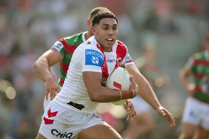 WOLLONGONG, AUSTRALIA - MARCH 15: Tyrell Sloan of the Dragons runs the ball during the round two NRL match between St George Illawarra Dragons and South Sydney Rabbitohs at WIN Stadium, on March 15, 2025, in Wollongong, Australia. (Photo by Brett Hemmings/Getty Images)