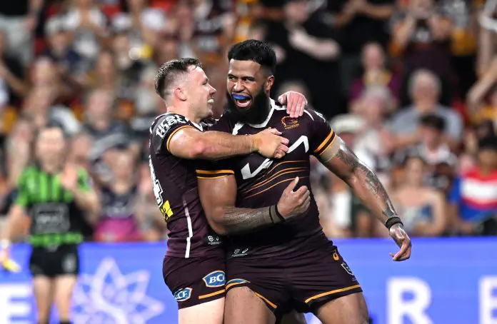 BRISBANE, AUSTRALIA - MARCH 21: Payne Haas of the Broncos celebrates after scoring a try during the round three NRL match between Brisbane Broncos and North Queensland Cowboys at Suncorp Stadium, on March 21, 2025, in Brisbane, Australia. (Photo by Bradley Kanaris/Getty Images)