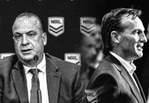 NRL boss Peter V'landys and AFL chief executive Andrew Dillon (R).