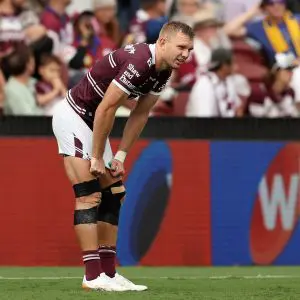 SYDNEY, AUSTRALIA - MARCH 30:  Tom Trbojevic of the Sea Eagles reacts during the round four NRL match between Manly Sea Eagles and Parramatta Eels at 4 Pines Park, on March 30, 2025, in Sydney, Australia. (Photo by Matt King/Getty Images)