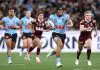 MELBOURNE, AUSTRALIA - JUNE 26:  Stephen Crichton of the Blues makes a break during game two of the men's State of Origin series between New South Wales Blues and Queensland Maroons at the Melbourne Cricket Ground on June 26, 2024 in Melbourne, Australia. (Photo by Cameron Spencer/Getty Images)