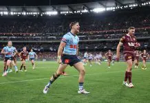 MELBOURNE, AUSTRALIA - JUNE 26:  Zac Lomax of the Blues celebrates after scoring a try during game two of the men's State of Origin series between New South Wales Blues and Queensland Maroons at the Melbourne Cricket Ground on June 26, 2024 in Melbourne, Australia. (Photo by Cameron Spencer/Getty Images)