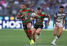 PERTH, AUSTRALIA - APRIL 12: Latrell Mitchell of the Rabbitohs runs the ball during the round six NRL match between South Sydney Rabbitohs and North Queensland Cowboys at Perth Stadium, on April 12, 2025, in Perth, Australia. (Photo by Paul Kane/Getty Images)