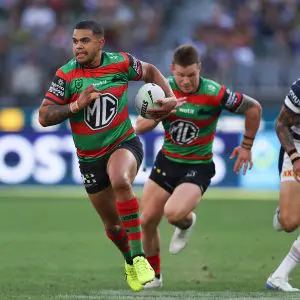 PERTH, AUSTRALIA - APRIL 12: Latrell Mitchell of the Rabbitohs runs the ball during the round six NRL match between South Sydney Rabbitohs and North Queensland Cowboys at Perth Stadium, on April 12, 2025, in Perth, Australia. (Photo by Paul Kane/Getty Images)