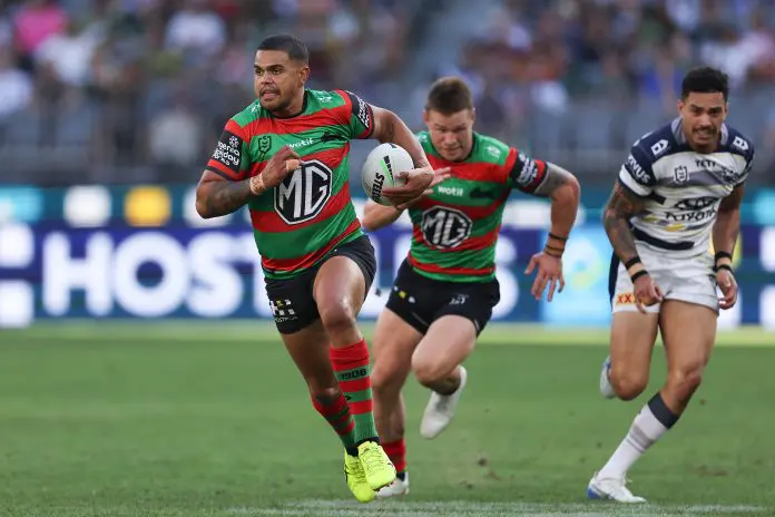 PERTH, AUSTRALIA - APRIL 12: Latrell Mitchell of the Rabbitohs runs the ball during the round six NRL match between South Sydney Rabbitohs and North Queensland Cowboys at Perth Stadium, on April 12, 2025, in Perth, Australia. (Photo by Paul Kane/Getty Images)