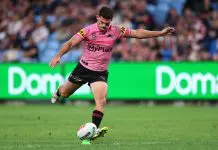 SYDNEY, AUSTRALIA - APRIL 19: Nathan Cleary of the Panthers kicks a conversion during the round seven NRL match between Sydney Roosters and Penrith Panthers at Allianz Stadium, on April 19, 2025, in Sydney, Australia. (Photo by Cameron Spencer/Getty Images)