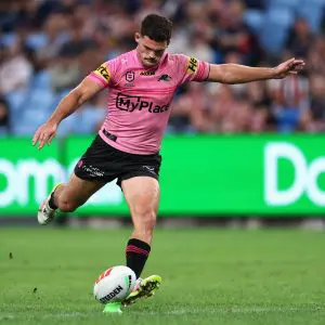 SYDNEY, AUSTRALIA - APRIL 19: Nathan Cleary of the Panthers kicks a conversion during the round seven NRL match between Sydney Roosters and Penrith Panthers at Allianz Stadium, on April 19, 2025, in Sydney, Australia. (Photo by Cameron Spencer/Getty Images)