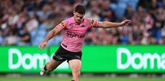 SYDNEY, AUSTRALIA - APRIL 19: Nathan Cleary of the Panthers kicks a conversion during the round seven NRL match between Sydney Roosters and Penrith Panthers at Allianz Stadium, on April 19, 2025, in Sydney, Australia. (Photo by Cameron Spencer/Getty Images)