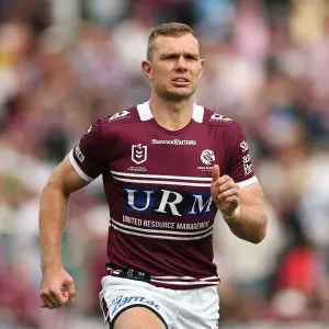 SYDNEY, AUSTRALIA - MAY 11: Tom Trbojevic of the Sea Eagles warms up during the round 10 NRL match between Manly Sea Eagles and Cronulla Sharks at 4 Pines Park, on May 11, 2025, in Sydney, Australia. (Photo by Cameron Spencer/Getty Images)