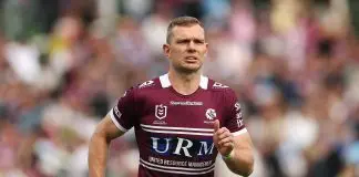SYDNEY, AUSTRALIA - MAY 11: Tom Trbojevic of the Sea Eagles warms up during the round 10 NRL match between Manly Sea Eagles and Cronulla Sharks at 4 Pines Park, on May 11, 2025, in Sydney, Australia. (Photo by Cameron Spencer/Getty Images)
