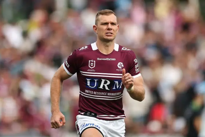 SYDNEY, AUSTRALIA - MAY 11: Tom Trbojevic of the Sea Eagles warms up during the round 10 NRL match between Manly Sea Eagles and Cronulla Sharks at 4 Pines Park, on May 11, 2025, in Sydney, Australia. (Photo by Cameron Spencer/Getty Images)