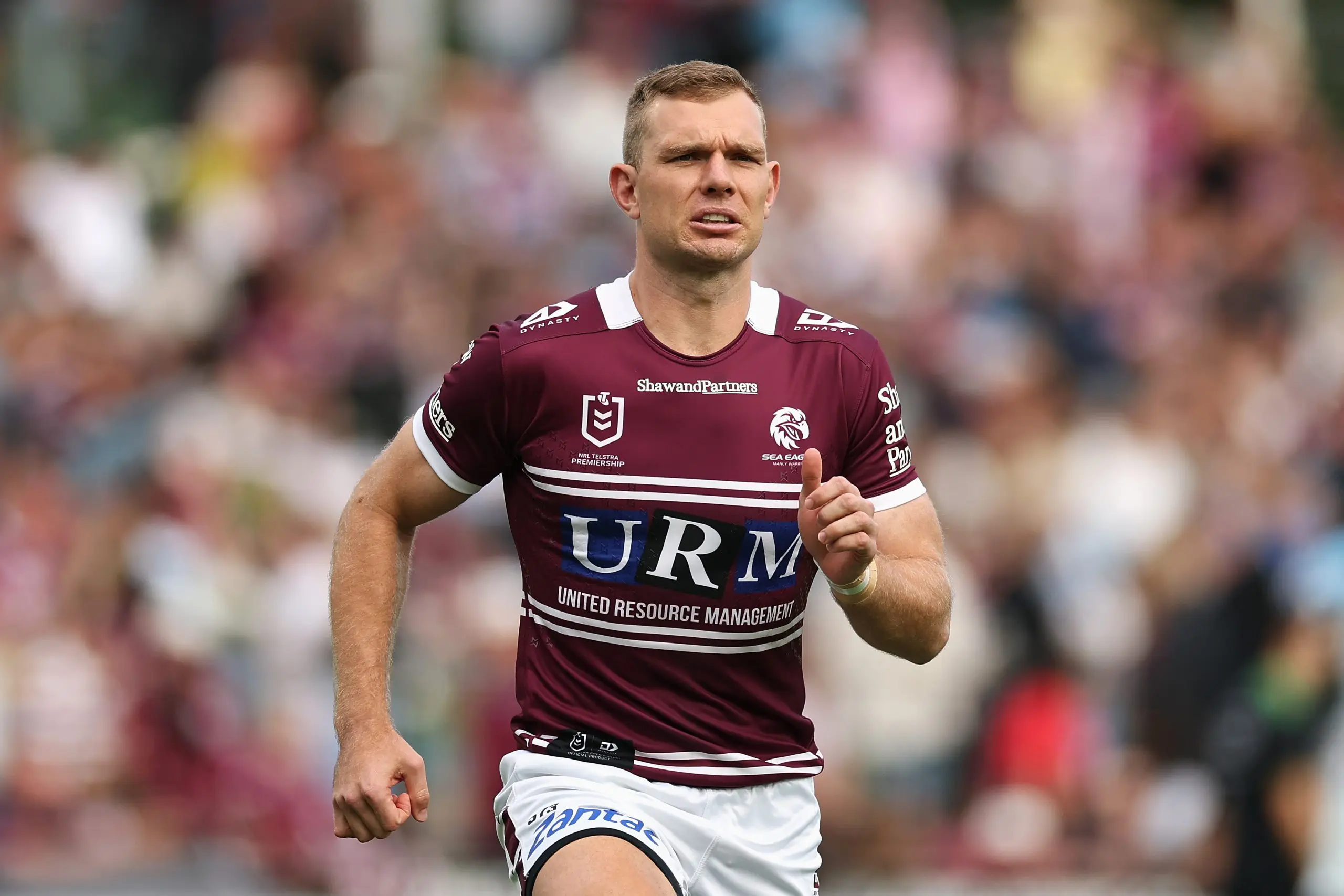 SYDNEY, AUSTRALIA - MAY 11: Tom Trbojevic of the Sea Eagles warms up during the round 10 NRL match between Manly Sea Eagles and Cronulla Sharks at 4 Pines Park, on May 11, 2025, in Sydney, Australia. (Photo by Cameron Spencer/Getty Images)