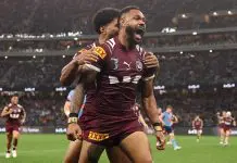 Tabuai-Fidow breaks silence on preferred State of Origin position PERTH, AUSTRALIA - JUNE 18: Hamiso Tabuai-Fidow of the Maroons celebrates with team mates after scoring his second try during game two of the Men's State of Origin series between Queensland Maroons and New South Wales Blues at Optus Stadium on June 18, 2025 in Perth, Australia. (Photo by Cameron Spencer/Getty Images)