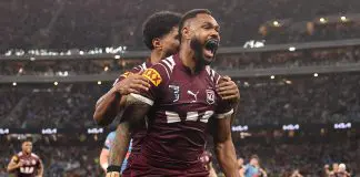 PERTH, AUSTRALIA - JUNE 18: Hamiso Tabuai-Fidow of the Maroons celebrates with team mates after scoring his second try during game two of the Men's State of Origin series between Queensland Maroons and New South Wales Blues at Optus Stadium on June 18, 2025 in Perth, Australia. (Photo by Cameron Spencer/Getty Images)
