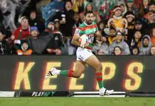 SYDNEY, AUSTRALIA - MAY 18: Alex Johnston of the Rabbitohs makes a break during the round eleven NRL match between Wests Tigers and Rabbitohs at Campbelltown Sports Stadium, on May 18, 2025, in Sydney, Australia. (Photo by Cameron Spencer/Getty Images)