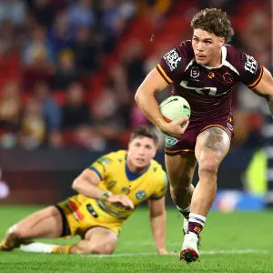 BRISBANE, AUSTRALIA - JULY 25: Reece Walsh of the Broncos makes a break during the round 21 NRL match between Broncos and Eels at Suncorp Stadium, on July 25, 2025, in Brisbane, Australia. (Photo by Chris Hyde/Getty Images)