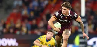BRISBANE, AUSTRALIA - JULY 25: Reece Walsh of the Broncos makes a break during the round 21 NRL match between Broncos and Eels at Suncorp Stadium, on July 25, 2025, in Brisbane, Australia. (Photo by Chris Hyde/Getty Images)