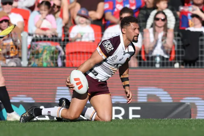 NEWCASTLE, AUSTRALIA - AUGUST 24: Gehamat Shibasaki of Broncos celebrates a try during the round 25 NRL match between Newcastle Knights and Brisbane Broncos at McDonald Jones Stadium, on August 24, 2025, in Newcastle, Australia. (Photo by Scott Gardiner/Getty Images)