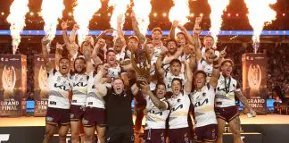 SYDNEY, AUSTRALIA - OCTOBER 05: Adam Reynolds and Billy Walters of the Broncos hold aloft the Provan-Summons Trophy as the team celebrates after winning the NRL Grand Final match between the Melbourne Storm at Brisbane Broncos at Accor Stadium on October 05, 2025, in Sydney, Australia. (Photo by Cameron Spencer/Getty Images)
