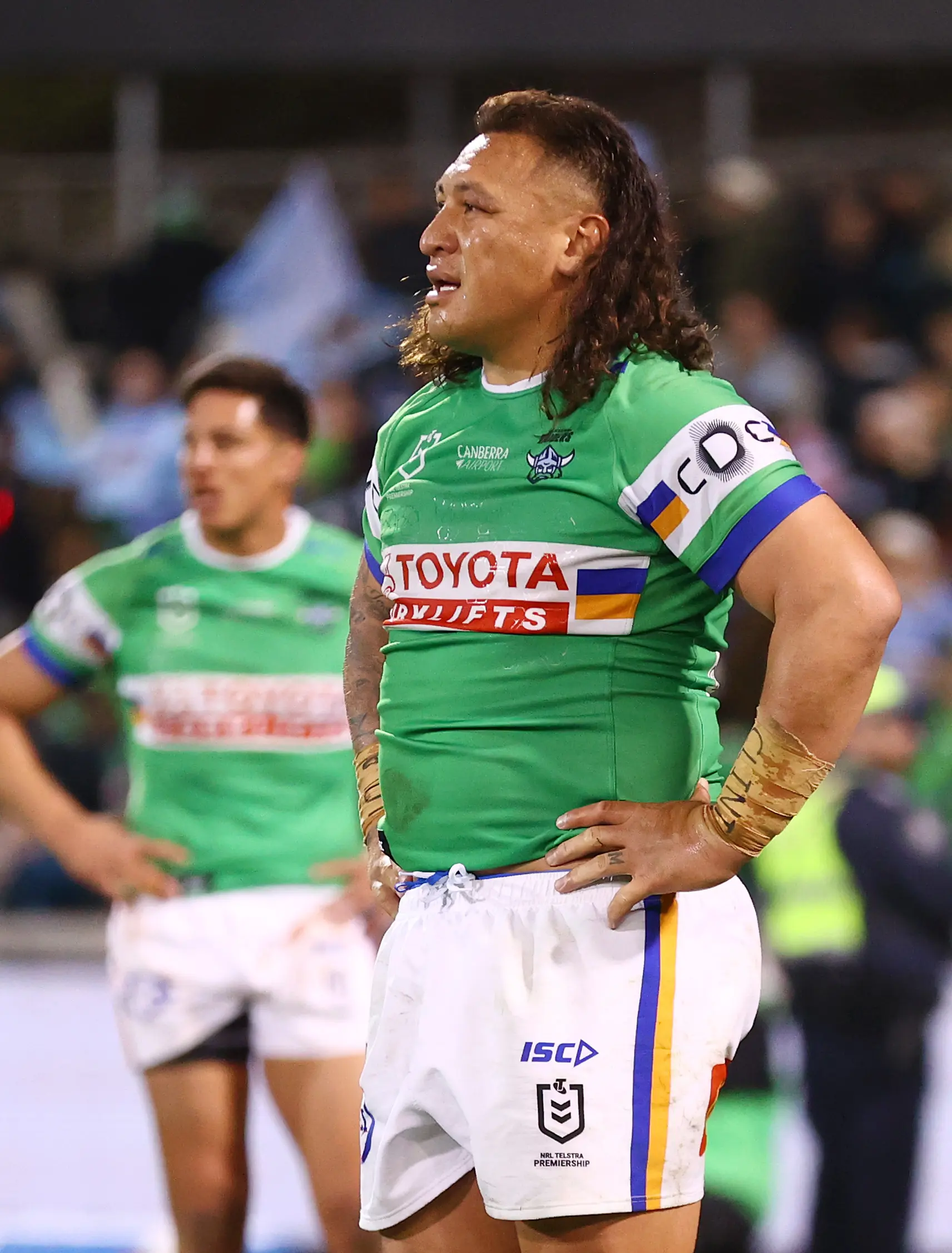 CANBERRA, AUSTRALIA - SEPTEMBER 20: Josh Papalii of the Raiders looks dejected after the NRL Semi Final match between the Canberra Raiders and Cronulla Sharks at GIO Stadium on September 20, 2025, in Canberra, Australia. (Photo by Mark Nolan/Getty Images)