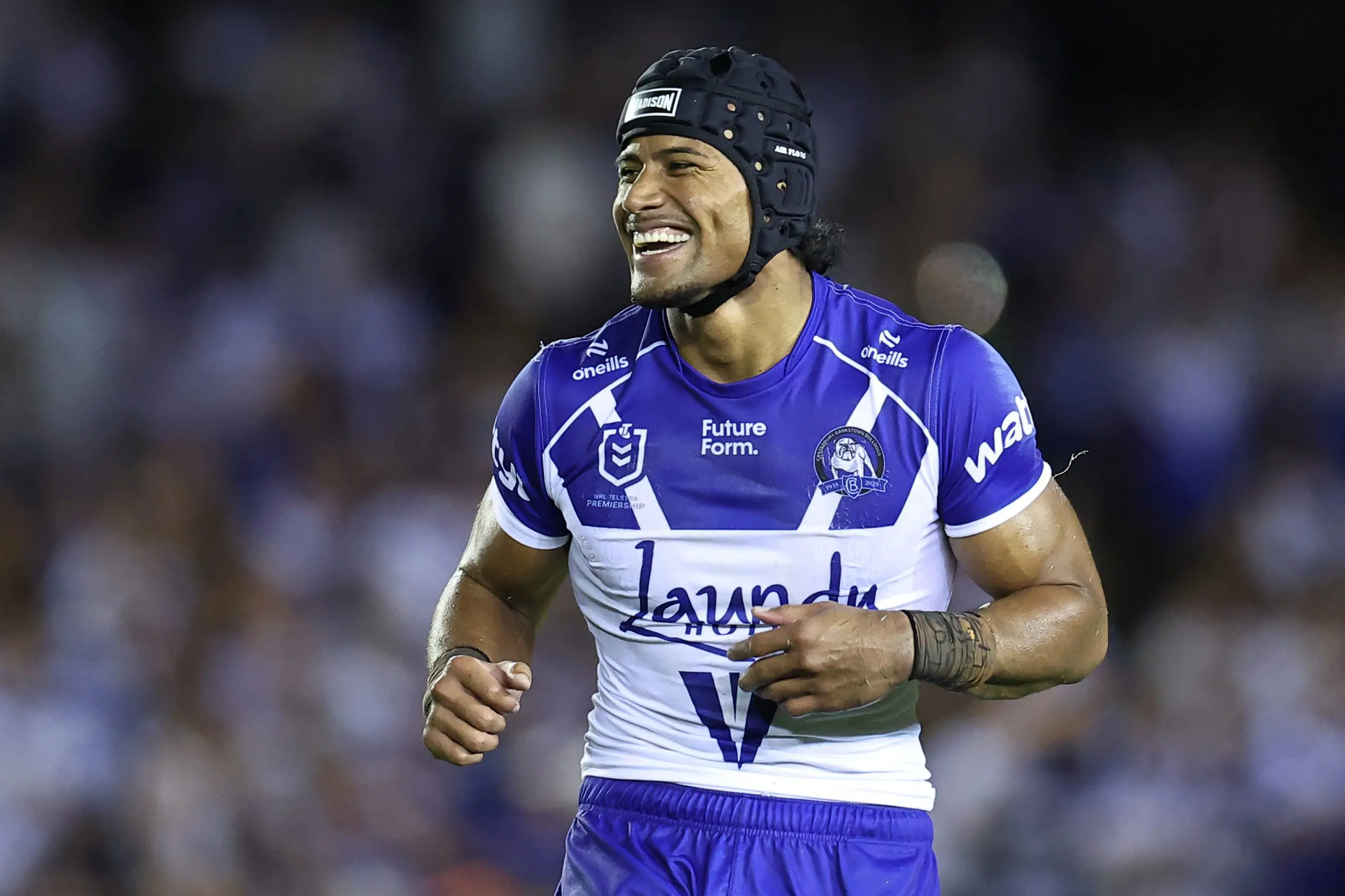 SYDNEY, AUSTRALIA - MARCH 16: Stephen Crichton of the Bulldogs celebrates victory during the round two NRL match between Canterbury Bulldogs and Gold Coast Titans at Belmore Sports Ground, on March 16, 2025, in Sydney, Australia. (Photo by Jeremy Ng/Getty Images)