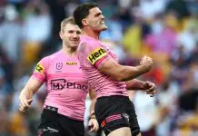 BRISBANE, AUSTRALIA - MAY 04: Nathan Cleary of the Panthers celebrates after scoring a try during the round nine NRL match between the Penrith Panthers and Brisbane Broncos at Suncorp Stadium on May 04, 2025, in Brisbane, Australia. (Photo by Chris Hyde/Getty Images)