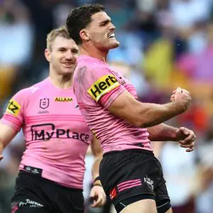 BRISBANE, AUSTRALIA - MAY 04: Nathan Cleary of the Panthers celebrates after scoring a try during the round nine NRL match between the Penrith Panthers and Brisbane Broncos at Suncorp Stadium on May 04, 2025, in Brisbane, Australia. (Photo by Chris Hyde/Getty Images)