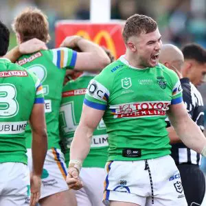 CANBERRA, AUSTRALIA - JULY 19: Hudson Young of the Raiders celebrates a try by Owen Pattie during the round 20 NRL match between Canberra Raiders and Parramatta Eels at GIO Stadium, on July 19, 2025, in Canberra, Australia. (Photo by Mark Nolan/Getty Images)