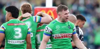 Hudson Young charged over hair pull, Pompey facing suspension CANBERRA, AUSTRALIA - JULY 19: Hudson Young of the Raiders celebrates a try by Owen Pattie during the round 20 NRL match between Canberra Raiders and Parramatta Eels at GIO Stadium, on July 19, 2025, in Canberra, Australia. (Photo by Mark Nolan/Getty Images)