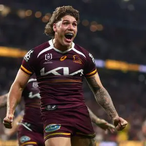 BRISBANE, AUSTRALIA - JULY 25: Reece Walsh of the Broncos celebrates a try before being disallowed during the round 21 NRL match between Broncos and Eels at Suncorp Stadium, on July 25, 2025, in Brisbane, Australia. (Photo by Chris Hyde/Getty Images)