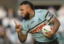 SYDNEY, AUSTRALIA - AUGUST 03: Addin Fonua-Blake of the Sharks celebrates scoring a try during the round 22 NRL match between Cronulla Sharks and North Queensland Cowboys at Shark Park, on August 03, 2025, in Sydney, Australia. (Photo by Darrian Traynor/Getty Images)