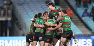Massive fines await pitch invaders ahead of Rabbitohs game SYDNEY, AUSTRALIA - AUGUST 21: Thomas Fletcher of the Rabbitohs celebrates scoring a try with team mates during the round 25 NRL match between South Sydney Rabbitohs and Dolphins at Accor Stadium, on August 21, 2025, in Sydney, Australia. (Photo by Matt King/Getty Images)