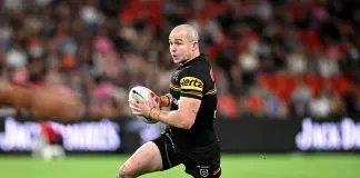 BRISBANE, AUSTRALIA - APRIL 10: Dylan Edwards of the Panthers in action during the round six NRL match between Dolphins and Penrith Panthers at Suncorp Stadium, on April 10, 2025, in Brisbane, Australia. (Photo by Bradley Kanaris/Getty Images)