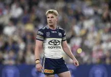 TOWNSVILLE, AUSTRALIA - JULY 12: Tom Dearden of the Cowboys looks on during the round 19 NRL match between North Queensland Cowboys and Canterbury Bulldogs at Queensland Country Bank Stadium, on July 12, 2025, in Townsville, Australia. (Photo by Ian Hitchcock/Getty Images)