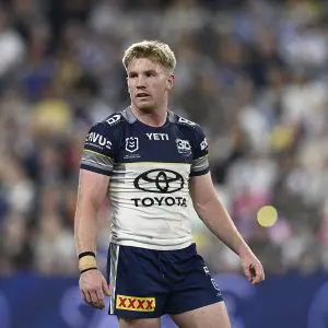 TOWNSVILLE, AUSTRALIA - JULY 12: Tom Dearden of the Cowboys looks on during the round 19 NRL match between North Queensland Cowboys and Canterbury Bulldogs at Queensland Country Bank Stadium, on July 12, 2025, in Townsville, Australia. (Photo by Ian Hitchcock/Getty Images)