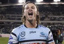 CANBERRA, AUSTRALIA - SEPTEMBER 20: Nicho Hynes of the Sharks celebrates winning the NRL Semi Final match between the Canberra Raiders and Cronulla Sharks at GIO Stadium on September 20, 2025, in Canberra, Australia. (Photo by Darrian Traynor/Getty Images)