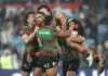 SYDNEY, AUSTRALIA - MAY 09: Latrell Mitchell of the Rabbitohs celebrates with team mates after kicking a two-point field goal during the round 10 NRL match between the South Sydney Rabbitohs and Brisbane Broncos at Accor Stadium on May 09, 2025, in Sydney, Australia. (Photo by Darrian Traynor/Getty Images)