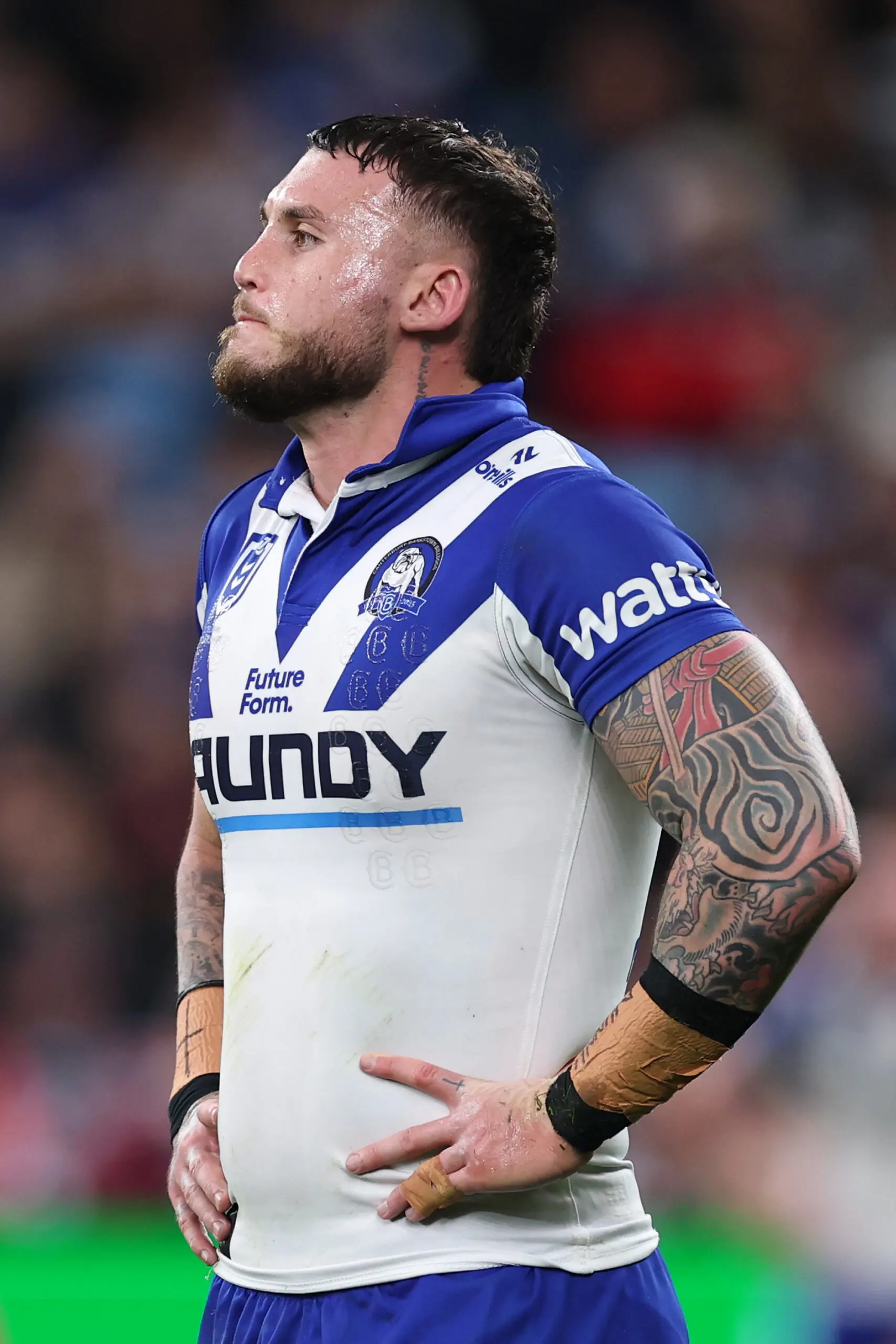 SYDNEY, AUSTRALIA - AUGUST 15: Bronson Xerri of the Bulldogs looks on during the round 24 NRL match between Sydney Roosters and Canterbury Bulldogs at Allianz Stadium on August 15, 2025 in Sydney, Australia. (Photo by Cameron Spencer/Getty Images)