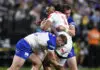 LAS VEGAS, NEVADA - FEBRUARY 28: Luciano Leilua of the Dragons is tackled by Max King of the Bulldogs during the round one NRL match between Canterbury Bulldogs and St George Illawarra Dragons at Allegiant Stadium on February 28, 2026 in Las Vegas, Nevada. (Photo by Ian Hitchcock/Getty Images)