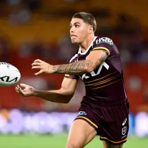 BRISBANE, AUSTRALIA - MARCH 06: Reece Walsh of the Broncos passes the ball during the warm up before the round one NRL match between Brisbane Broncos and Penrith Panthers at Suncorp Stadium, on March 06, 2026, in Brisbane, Australia. (Photo by Bradley Kanaris/Getty Images)