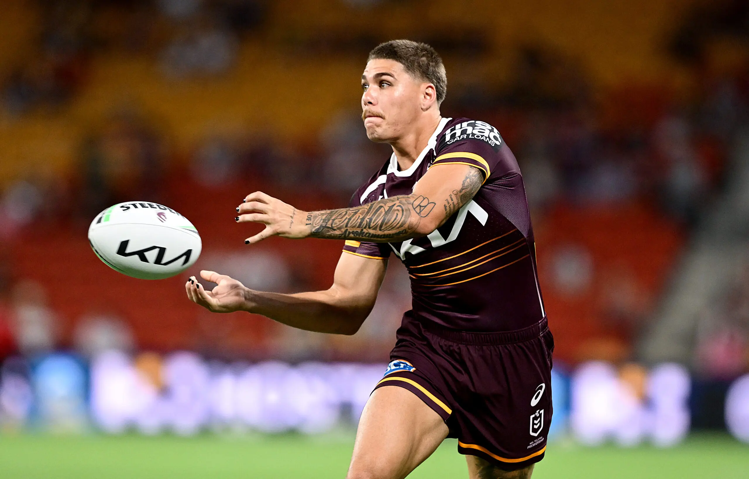 BRISBANE, AUSTRALIA - MARCH 06: Reece Walsh of the Broncos passes the ball during the warm up before the round one NRL match between Brisbane Broncos and Penrith Panthers at Suncorp Stadium, on March 06, 2026, in Brisbane, Australia. (Photo by Bradley Kanaris/Getty Images)