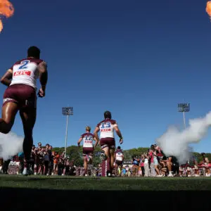 SYDNEY, AUSTRALIA - MARCH 15:  Sea Eagles players take to the field during the round two NRL match between Manly Sea Eagles and Newcastle Knights at 4 Pines Park, on March 15, 2026, in Sydney, Australia. (Photo by Matt King/Getty Images)