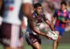 SYDNEY, AUSTRALIA - MARCH 15:  Jamal Fogarty of the Sea Eagles runs with the ball during the round two NRL match between Manly Sea Eagles and Newcastle Knights at 4 Pines Park, on March 15, 2026, in Sydney, Australia. (Photo by Matt King/Getty Images)