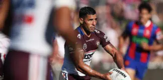 SYDNEY, AUSTRALIA - MARCH 15:  Jamal Fogarty of the Sea Eagles runs with the ball during the round two NRL match between Manly Sea Eagles and Newcastle Knights at 4 Pines Park, on March 15, 2026, in Sydney, Australia. (Photo by Matt King/Getty Images)