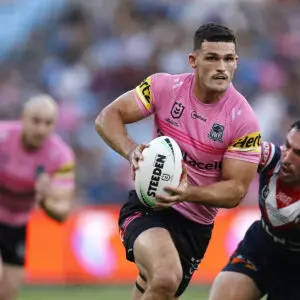 SYDNEY, AUSTRALIA - MARCH 20: Nathan Cleary of the Panthers runs the ball during the round three NRL match between the Sydney Roosters and Penrith Panthers at Allianz Stadium on March 20, 2026 in Sydney, Australia. (Photo by Brendon Thorne/Getty Images)