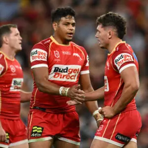 BRISBANE, AUSTRALIA - MARCH 27: Jake Averillo of the Dolphins celebrates with Selwyn Cobbo after scoring a try during the round four NRL match between Brisbane Broncos and Dolphins at Suncorp Stadium, on March 27, 2026, in Brisbane, Australia. (Photo by Albert Perez/Getty Images)