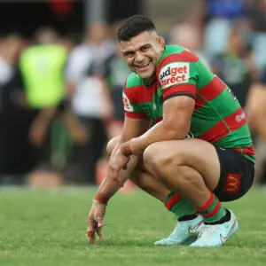 SYDNEY, AUSTRALIA - APRIL 03: David Fifita of the Rabbitohs smiles after victory during the round five NRL match between South Sydney Rabbitohs and Canterbury Bulldogs at Accor Stadium, on April 03, 2026, in Sydney, Australia. (Photo by Mark Metcalfe/Getty Images)